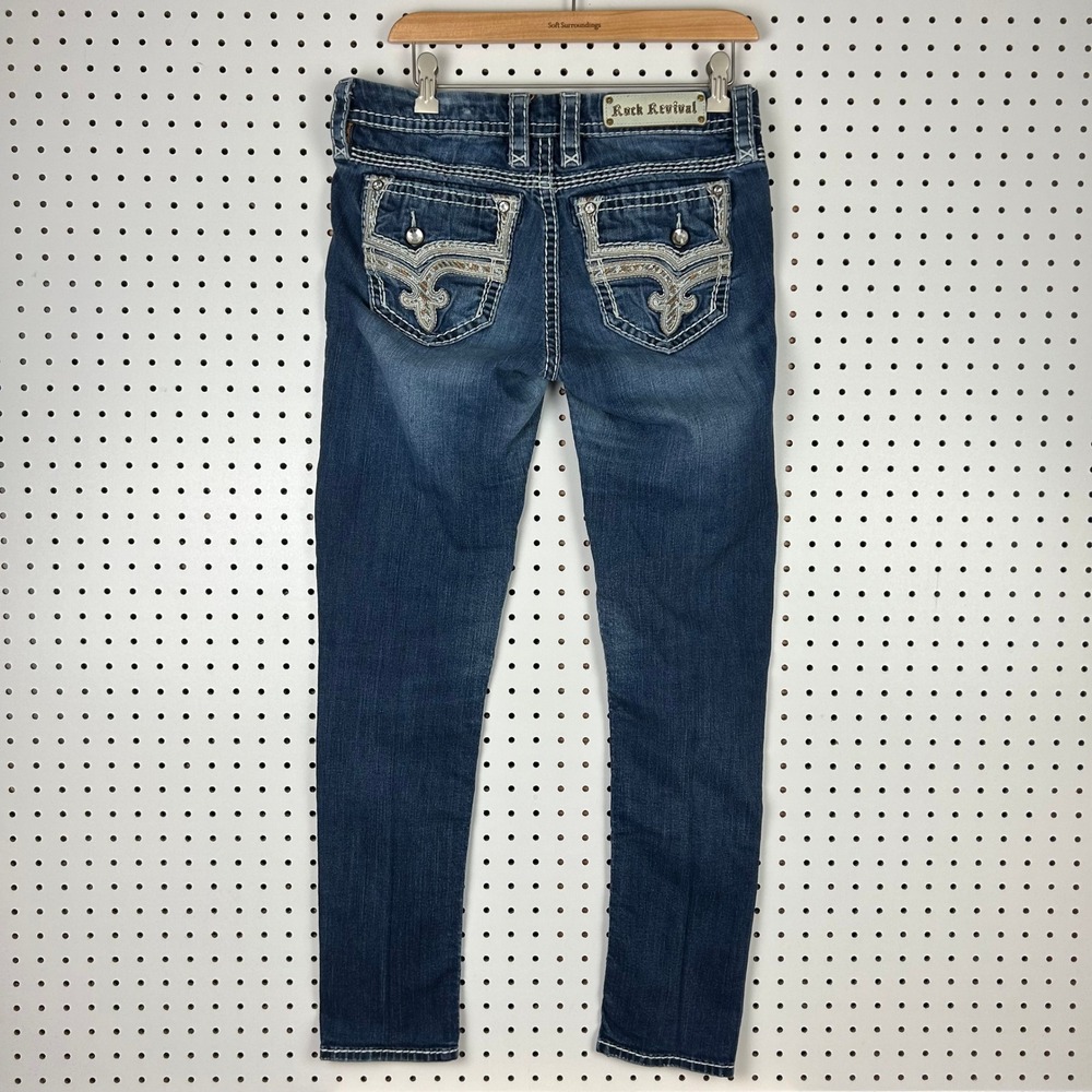 Rock Revival Janelle Mid-Rise Skinny Jeans 30x30 Blue Denim Embroidered Flap Y2K